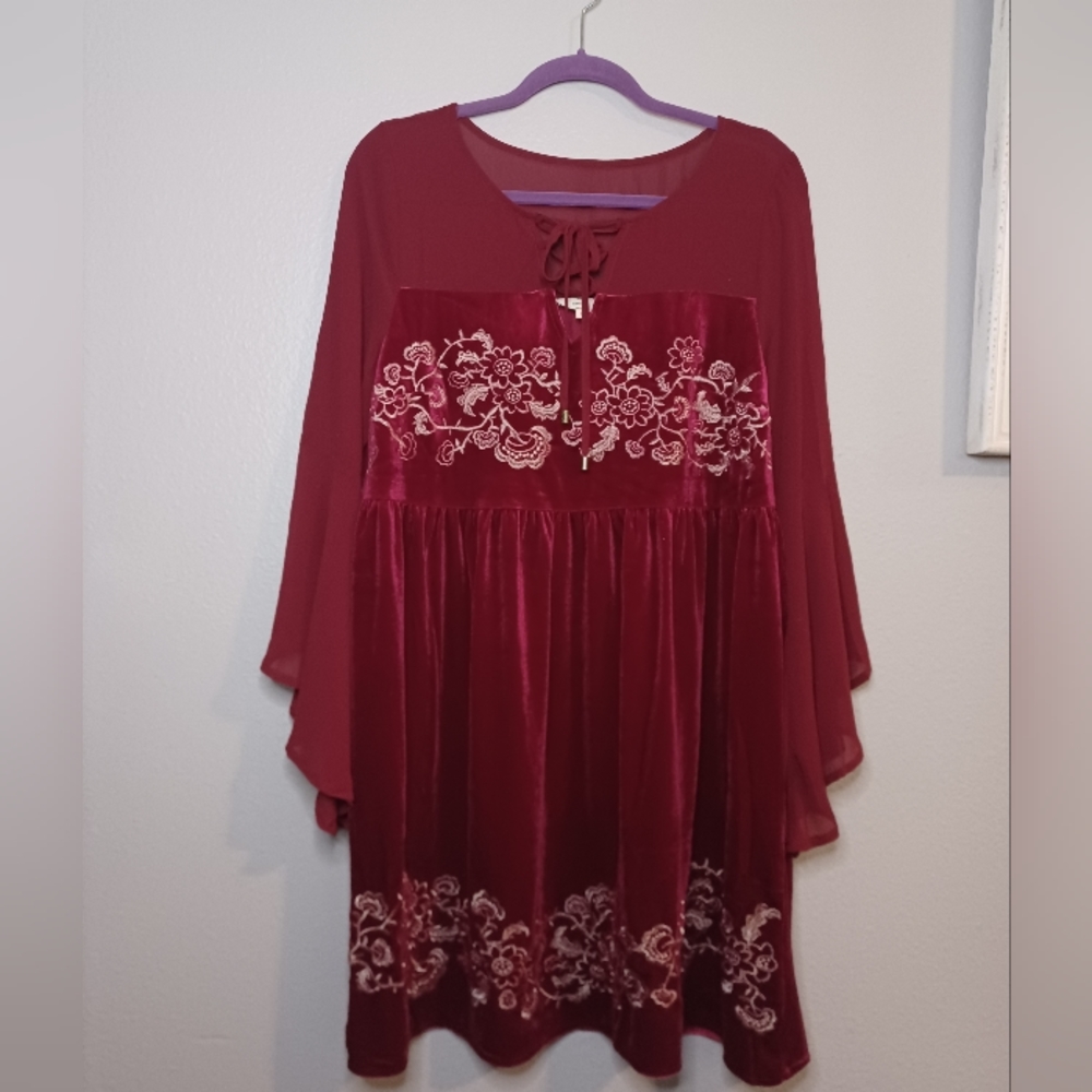 NWOT Red Velvet Embroidered Boho Dress-Boutique